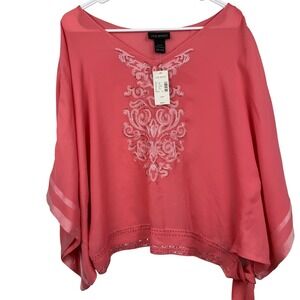 Lane Bryant Poncho Blouse Women 14/16 Coral Pink Embroidered Sequin Boho Top NWT